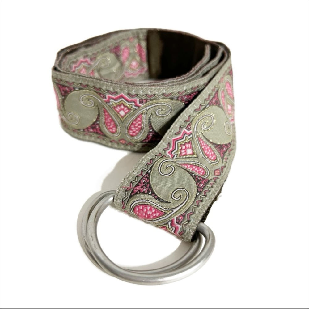 Unbranded Paisley Fabric Belt Gray/Green With Pink Accents Silver Metal O-Ring